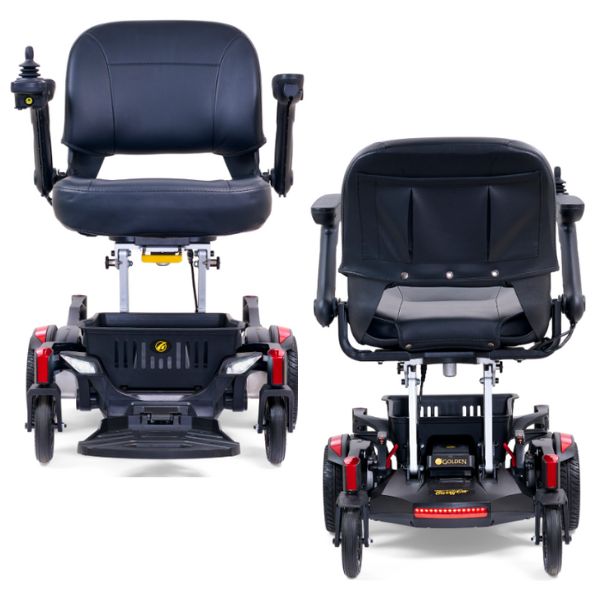 Golden_Buzzarround_CarryOn_Portable_Electric_Wheelchair_GP130_Velvet_Red_Shroud_Front_and_Back_View