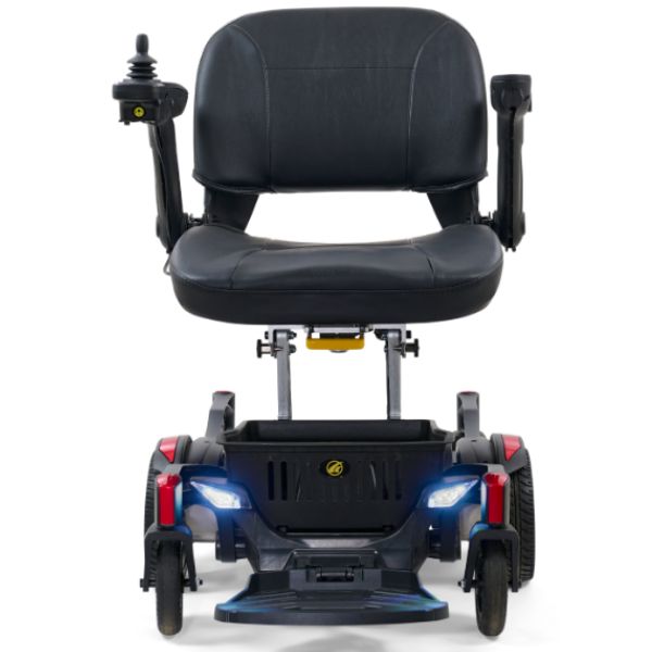 Golden_Buzzarround_CarryOn_Portable_Electric_Wheelchair_GP130_Velvet_Red_Shroud_Front_with Front Lights On_View