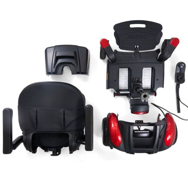 Golden Technologies BuzzAbout Power Chair GP164 with its new high back stadium seat disassembled view