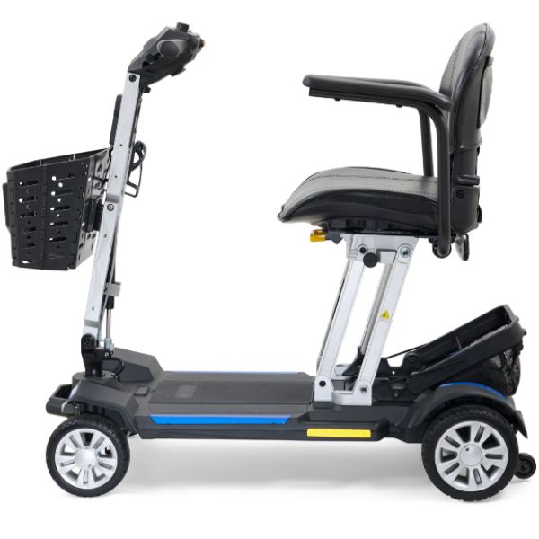 Golden Technologies Buzzaround Carry On Folding Mobility Scooter GB120 Foldable Seat Blue Color Left Side View