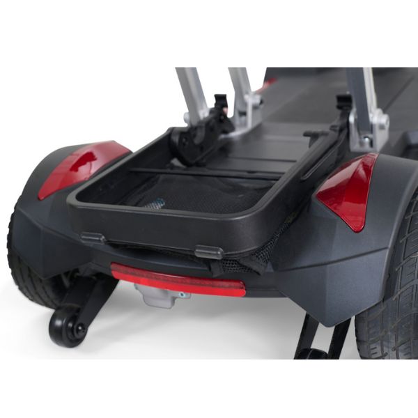Golden Technologies Buzzaround Carry On Folding Mobility Scooter GB120 Red Color folded Basket and Rear Lights View
