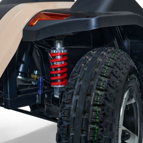 Golden Technologies Eagle 4-Wheel Mobility Scooter Showing it Suspension and Big Tires