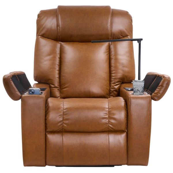 Golden Technologies Rhea with Twilight & Nirvana Power Lift Chair PR447 in Sparrow Fabric  Front View with the Phone Charging Port, Drink Holder, and Storage Compartments  View