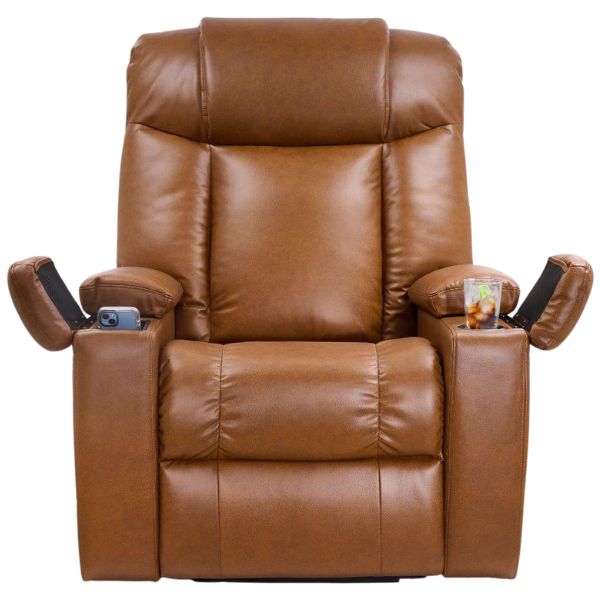 Golden Technologies Rhea with Twilight & Nirvana Power Lift Chair PR447 in Sparrow Fabric  Front View with the Phone Charging Port and Drink Holder View