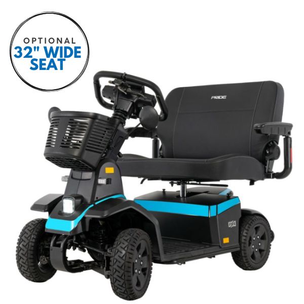 Pride PX4 mobility scooter with a wide seat option on a white background