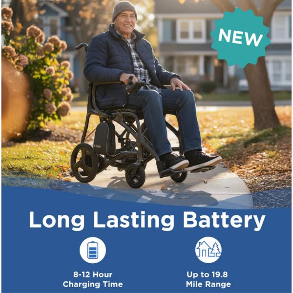 Journey Air Elite Max Portable Folding Power Wheelchair Showing the Battery Features