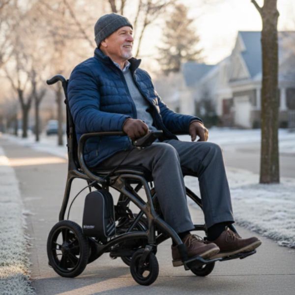 Journey Air Elite Max Portable Folding Power Wheelchair with a Man Riding on it