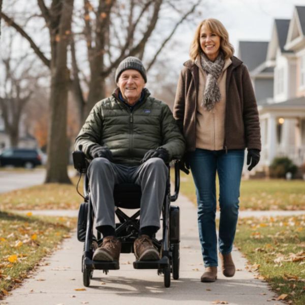 A Man Riding on Journey Air Elite Max Portable Folding Power Wheelchair with a Lady Beside Him