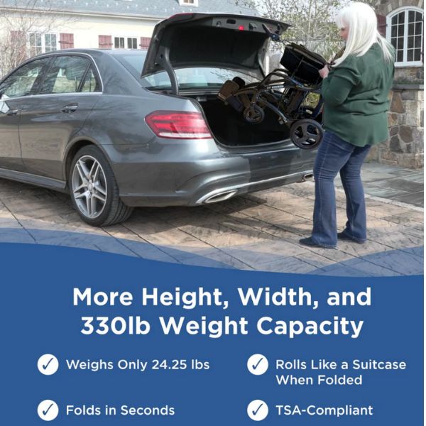 Journey Air Elite Max Portable Folding Power Wheelchair Showing a Woman Putting the Chair into the Car Trunk.