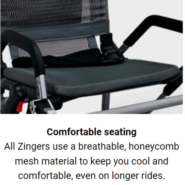 Journey Zinger Portable Folding Power Wheelchair Seat Zoomed in with description 