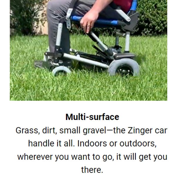 Journey Zinger Portable Folding Power Wheelchair Can take on any surface with description 
