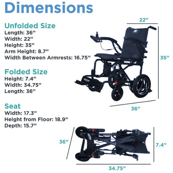 Journey Air (2026 Model) Lightweight Folding Power Chair Dimensions
