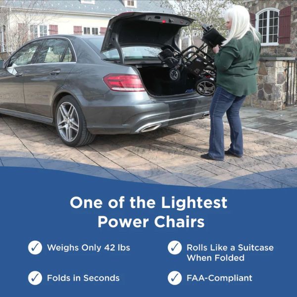 Journey Air (2026 Model) Lightweight Folding Power Chair being Lifted into a Car Trunk