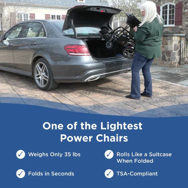 Journey Air Lightweight Folding Power Chair being lifted into a car trunk