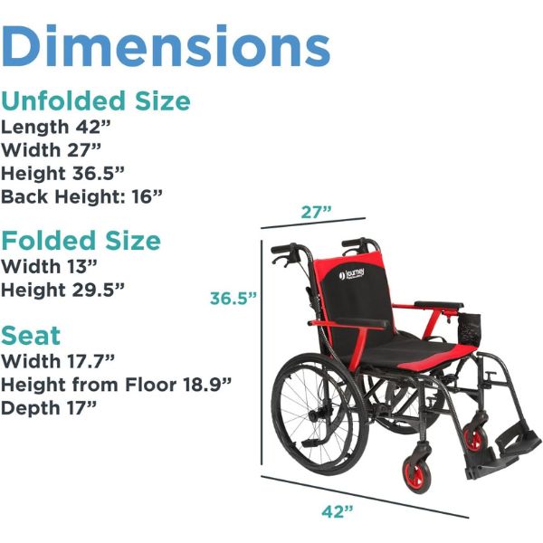Journey So Lite C2 Ultra Lightweight Wheelchair in  Red Color Showing its  Dimensions