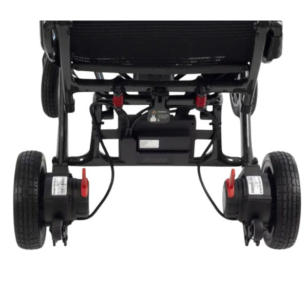 Close-up rear view ofMM60 Carbon Ultra-Lightweight Folding Power Chair showing the frame, rear wheels, motor housings, and red handbrake levers against a white background.
