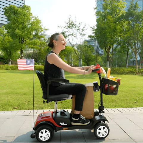Metro Mobility Max Sport Portable 4-Wheel Mobility Scooter With Rider Right Side View
