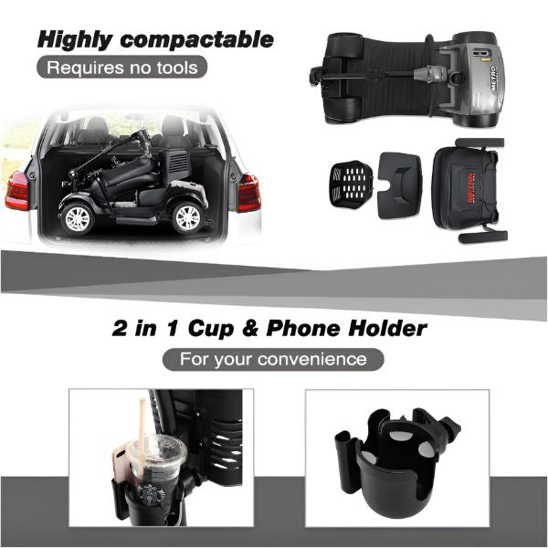 Metro Mobility Max Sport Portable 4-Wheel Mobility Scooter Disassembled View in a Car's Trunk