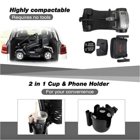 Metro Mobility Max Sport Portable 4-Wheel Mobility Scooter Disassembled View in a Car's Trunk