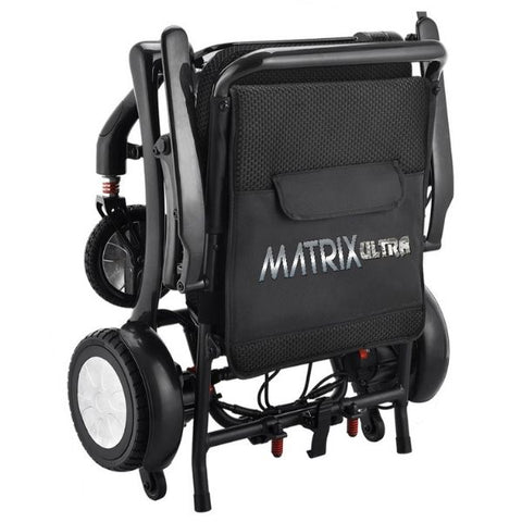 Matrix Ultra Carbon Fiber Portable Electric Wheelchair By Discover Your Mobility in Black Frame Folded Front View