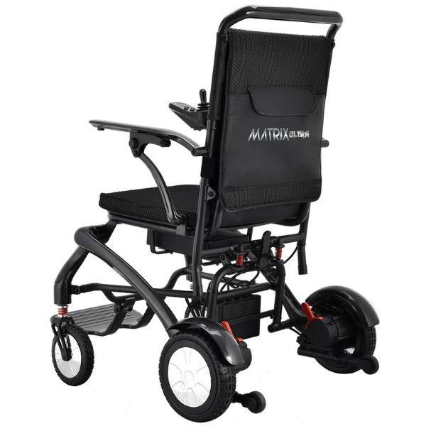 Matrix Ultra Carbon Fiber Portable Electric Wheelchair By Discover Your Mobility in Black Frame Left Back Side View