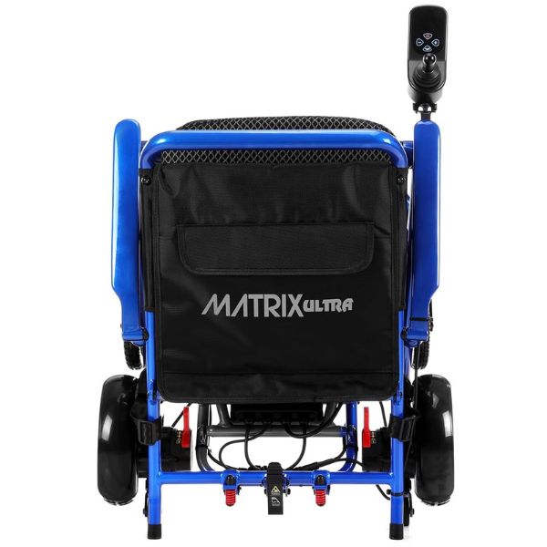 Matrix Ultra Carbon Fiber Portable Electric Wheelchair By Discover Your Mobility in Blue Frame Folded Front View