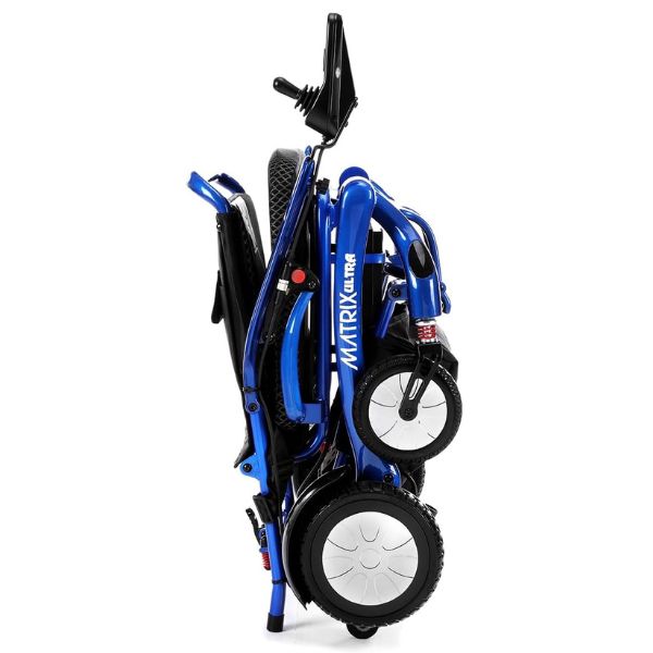 Matrix Ultra Carbon Fiber Portable Electric Wheelchair By Discover Your Mobility in Blue Frame Folded Side View