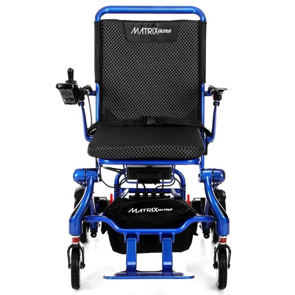 Matrix Ultra Carbon Fiber Portable Electric Wheelchair By Discover Your Mobility in Blue Frame Front View