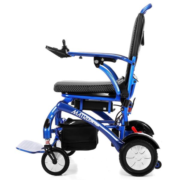 Matrix Ultra Carbon Fiber Portable Electric Wheelchair By Discover Your Mobility in Blue Frame Left Side View