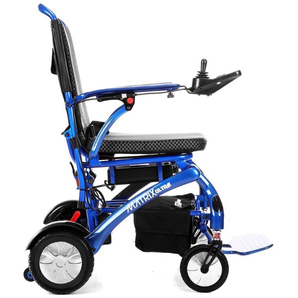 Matrix Ultra Carbon Fiber Portable Electric Wheelchair By Discover Your Mobility in Blue Frame Right Side View