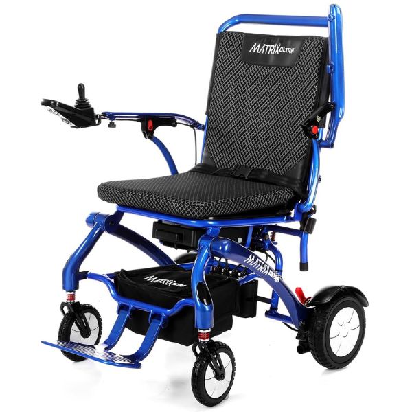 Matrix Ultra Carbon Fiber Portable Electric Wheelchair By Discover Your Mobility in Blue Frame with the Left Armrest Raised