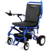 Image of Matrix Ultra Carbon Fiber Portable Electric Wheelchair By Discover Your Mobility in Blue Frame with the Left Armrest Raised
