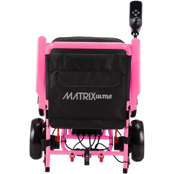 Matrix Ultra Carbon Fiber Portable Electric Wheelchair By Discover Your Mobility in Pink Frame Folded Front View