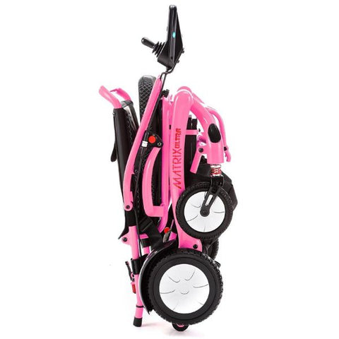 Matrix Ultra Carbon Fiber Portable Electric Wheelchair By Discover Your Mobility in Pink Frame Folded Side View
