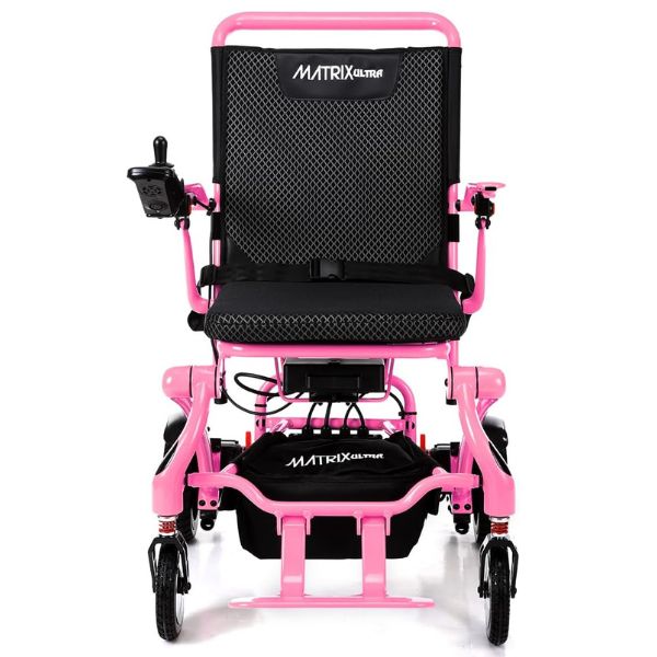 Matrix Ultra Carbon Fiber Portable Electric Wheelchair By Discover Your Mobility in Pink Frame Front View