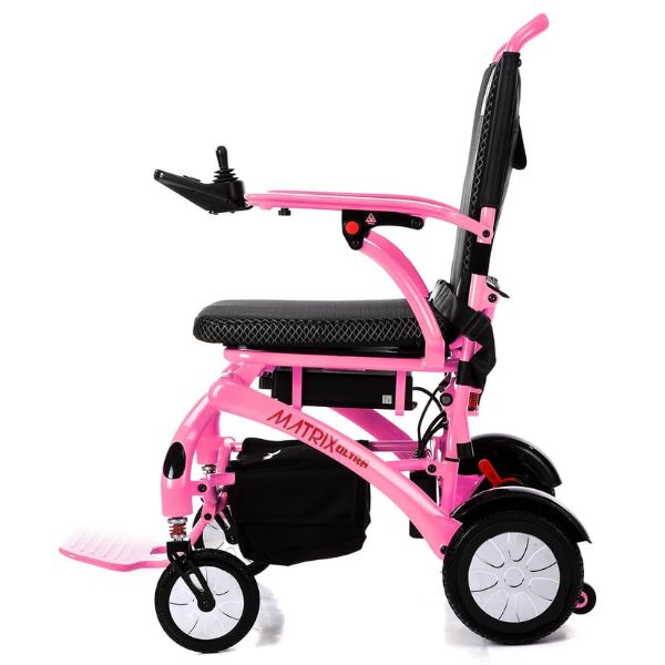 Matrix Ultra Carbon Fiber Portable Electric Wheelchair By Discover Your Mobility in Pink Frame Left Side View