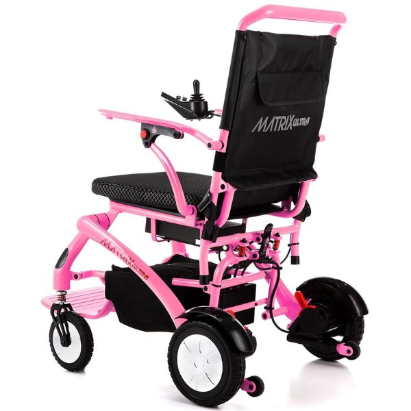 Matrix Ultra Carbon Fiber Portable Electric Wheelchair By Discover Your Mobility in Pink Frame Left Up Back  Side View