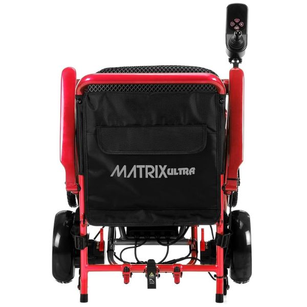 Matrix Ultra Carbon Fiber Portable Electric Wheelchair By Discover Your Mobility in Red Frame Folded Front View