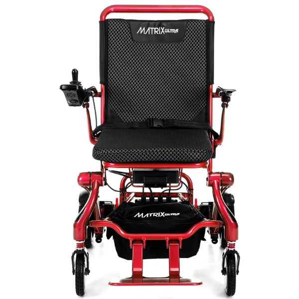 Matrix Ultra Carbon Fiber Portable Electric Wheelchair By Discover Your Mobility in Red Frame Front View