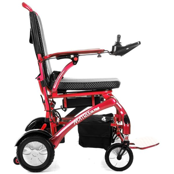 Matrix Ultra Carbon Fiber Portable Electric Wheelchair By Discover Your Mobility in Red Frame Right Side View