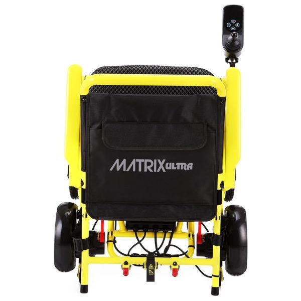 Matrix Ultra Carbon Fiber Portable Electric Wheelchair By Discover Your Mobility in Yellow Frame Folded Front  View