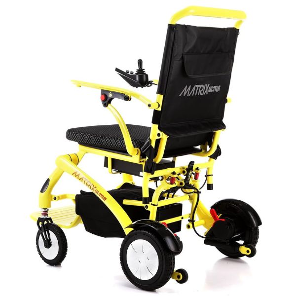 Matrix Ultra Carbon Fiber Portable Electric Wheelchair By Discover Your Mobility in Yellow Frame Left Back SIde  View