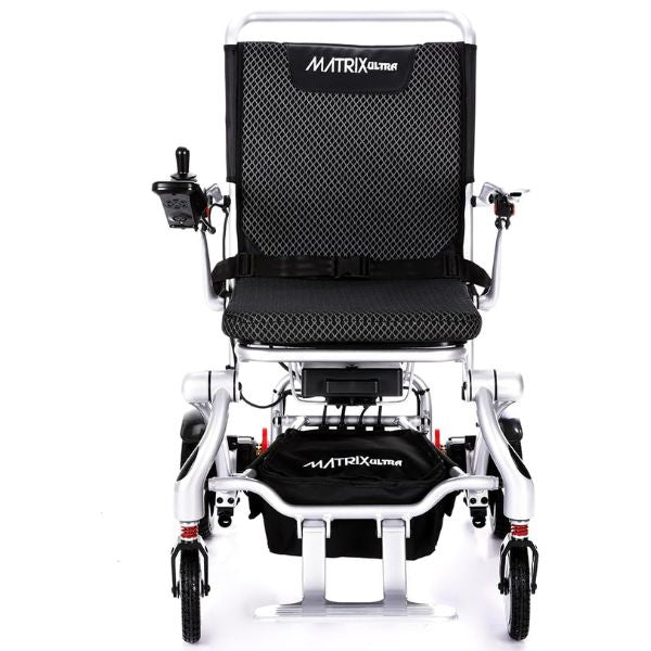 Matrix Ultra Carbon Fiber Portable Electric Wheelchair in Silver Frame Front View