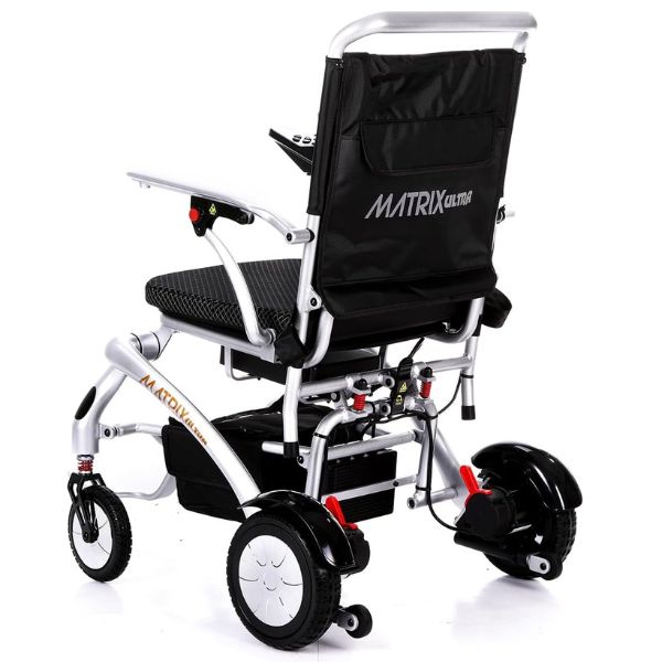 Matrix Ultra Carbon Fiber Portable Electric Wheelchair in Silver Frame Left Upside Back View