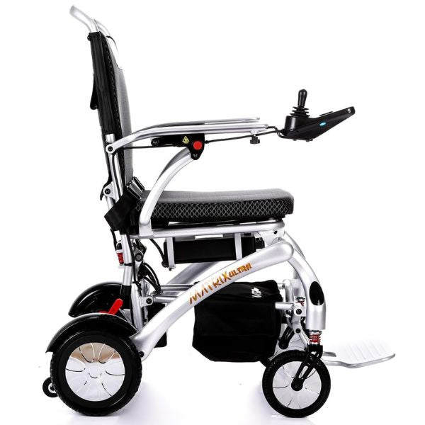 Matrix Ultra Carbon Fiber Portable Electric Wheelchair in Silver Frame Left  View