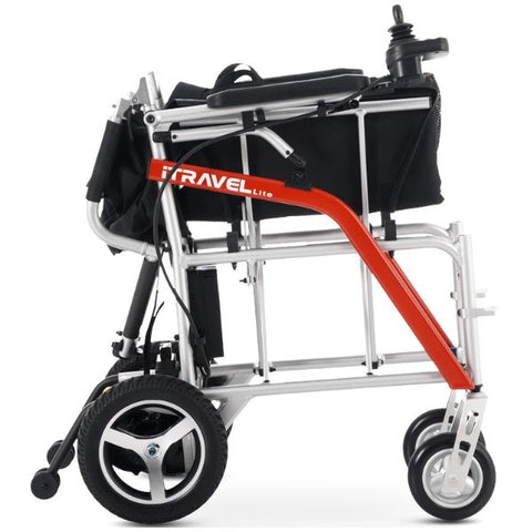 Metro Mobility iTravel Lite Folding Power Wheelchair SIlver Color Folded VIew
