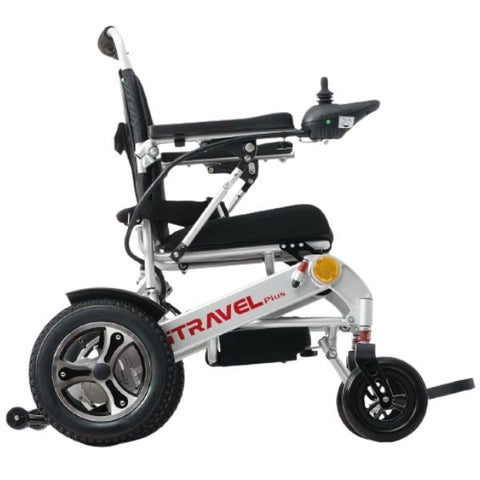 Metro Mobility iTravel Plus Folding Power Wheelchair Silver Color Side View