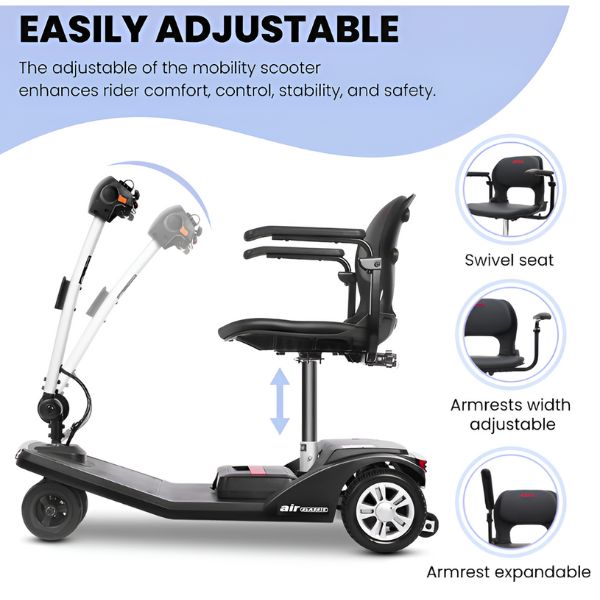 Metro Mobility Air Classic 3-Wheel Transportable Mobility Scooter Gloss Black Color Features