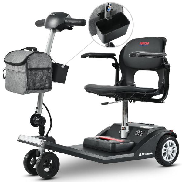 Metro Mobility Air Classic 3-Wheel Transportable Mobility Scooter in Gloss Black Color Showing the Inner Front Storage Basket