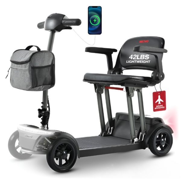 Metro Mobility Air Traveller Folding 4-Wheel Mobility Scooter Showing some of its Features